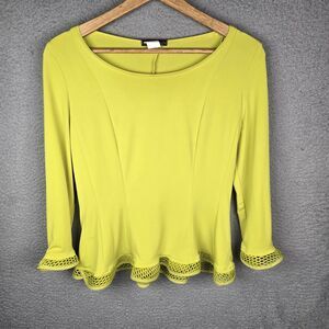 Vintage Design Todays Womens Top M Yellow Chartreuse Peplum Knit Flare Hem Retro